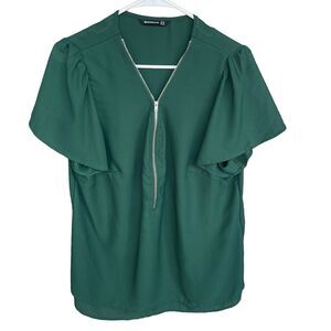 Bloomchic Blouse Women Size 12 Quarter Zip Tulip Sleeve Green‎ Lightweight